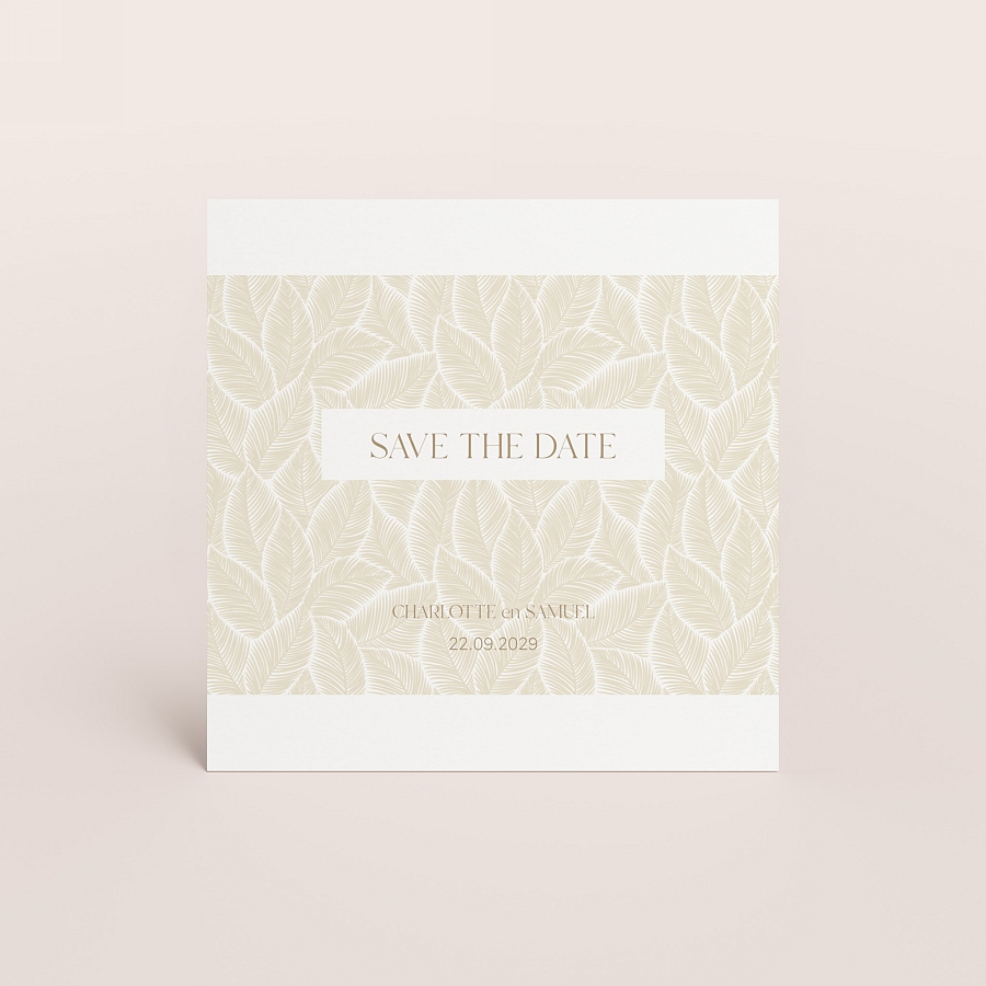 Save the date kaart met beige bladmotief - Trouwen (proefdruk)