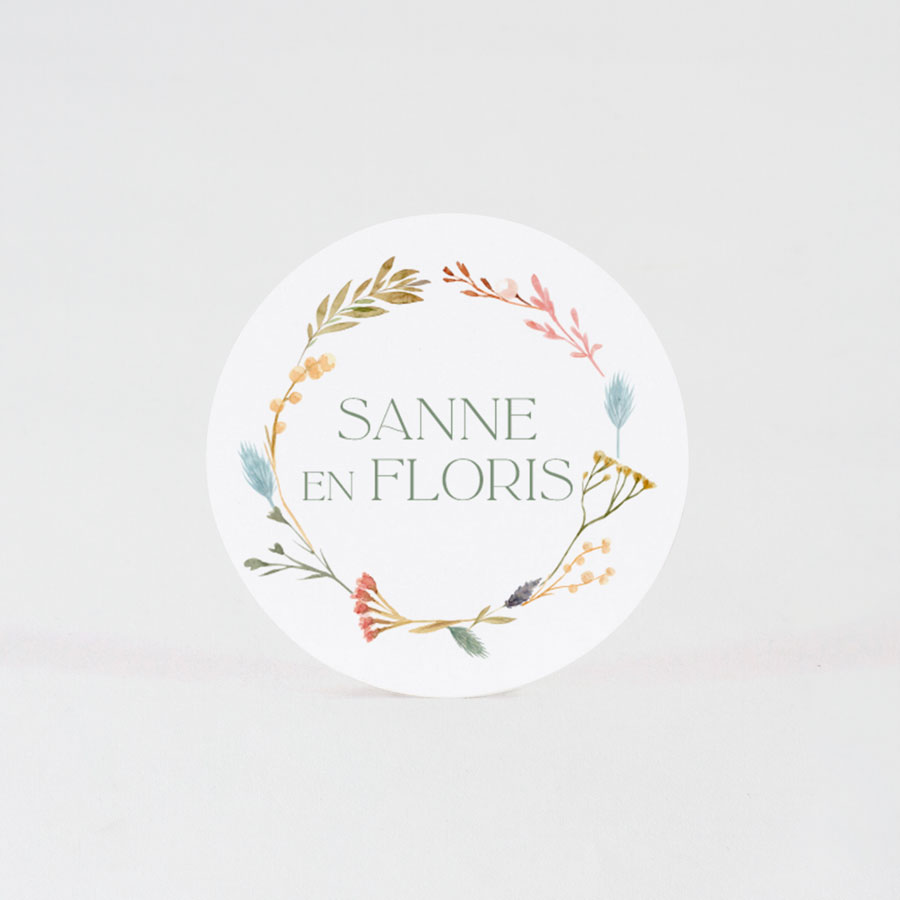 24 x Ronde sticker met droogbloemkrans (4,4 cm) - Trouwen