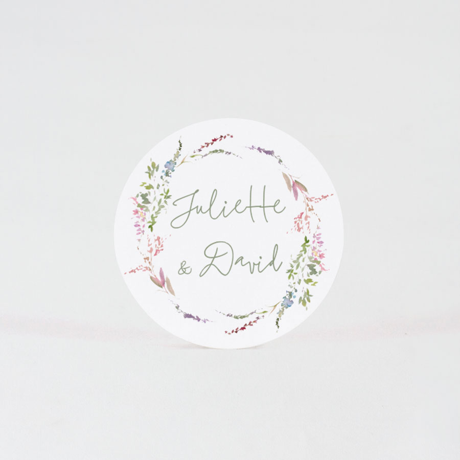 30 x Ronde sticker met namen en bloemenkrans (3,7cm) - Trouwen