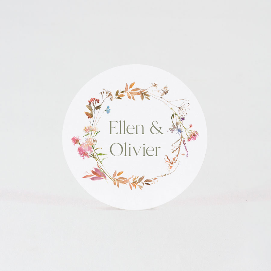 24 x Ronde sticker met namen en bloemenkrans (4,4cm) - Trouwen