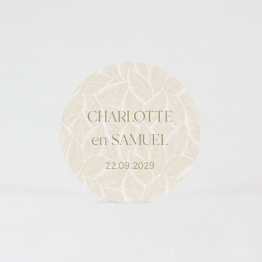 24 x Ronde naamsticker met beige bladmotief (4,4 cm) - Trouwen