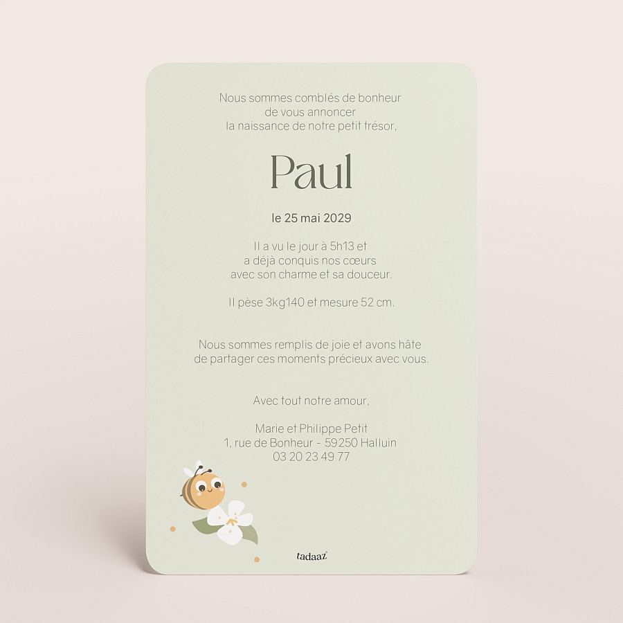 Faire part naissance petite abeille et photo Naissance Tadaaz
