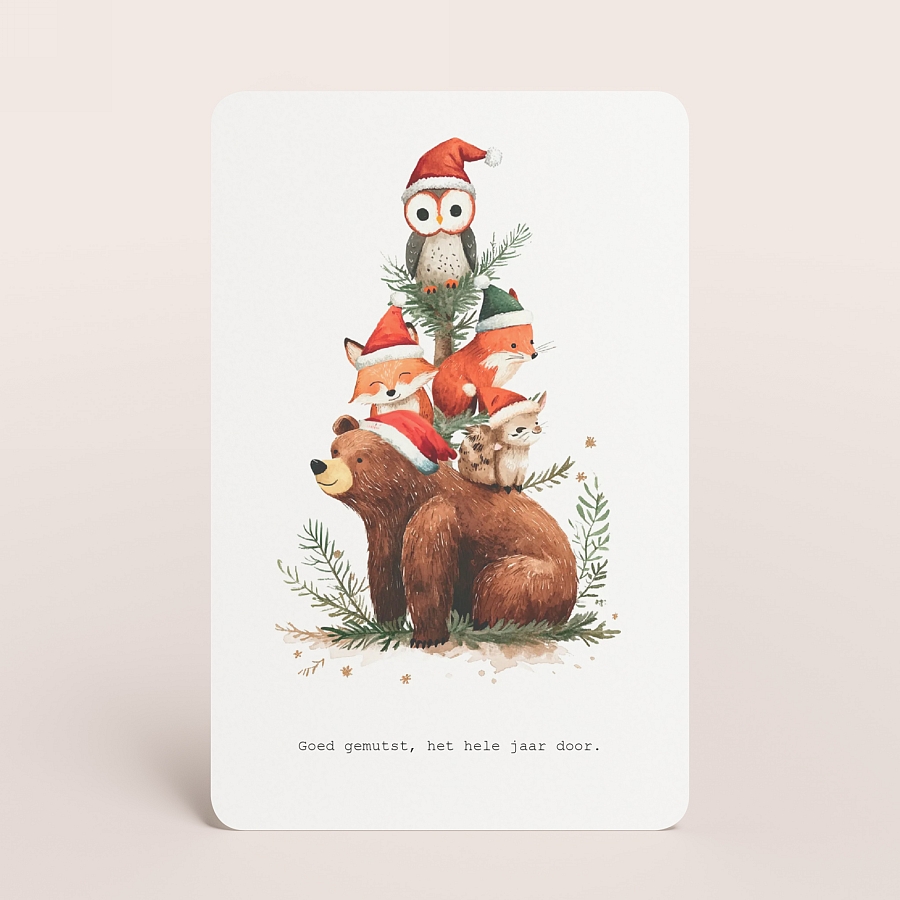 Lieve kerstkaart met illustratie van dieren (proefdruk)