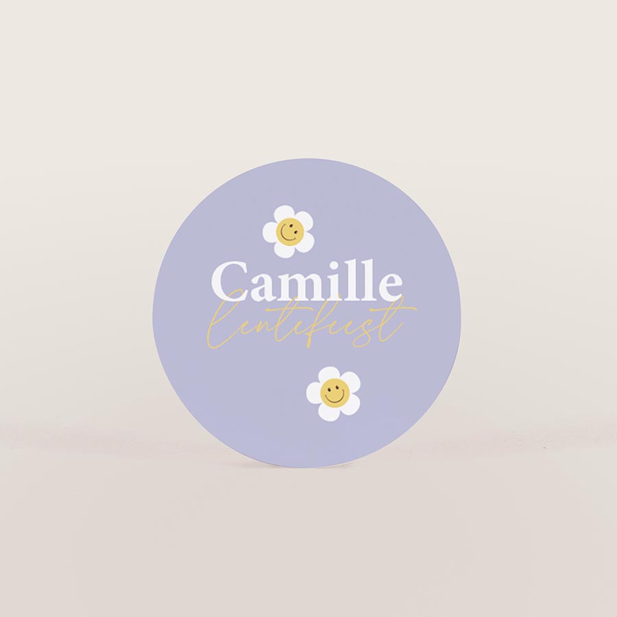 30 x Ronde naamsticker met smiley bloemetjes (3,7 cm) - Communie