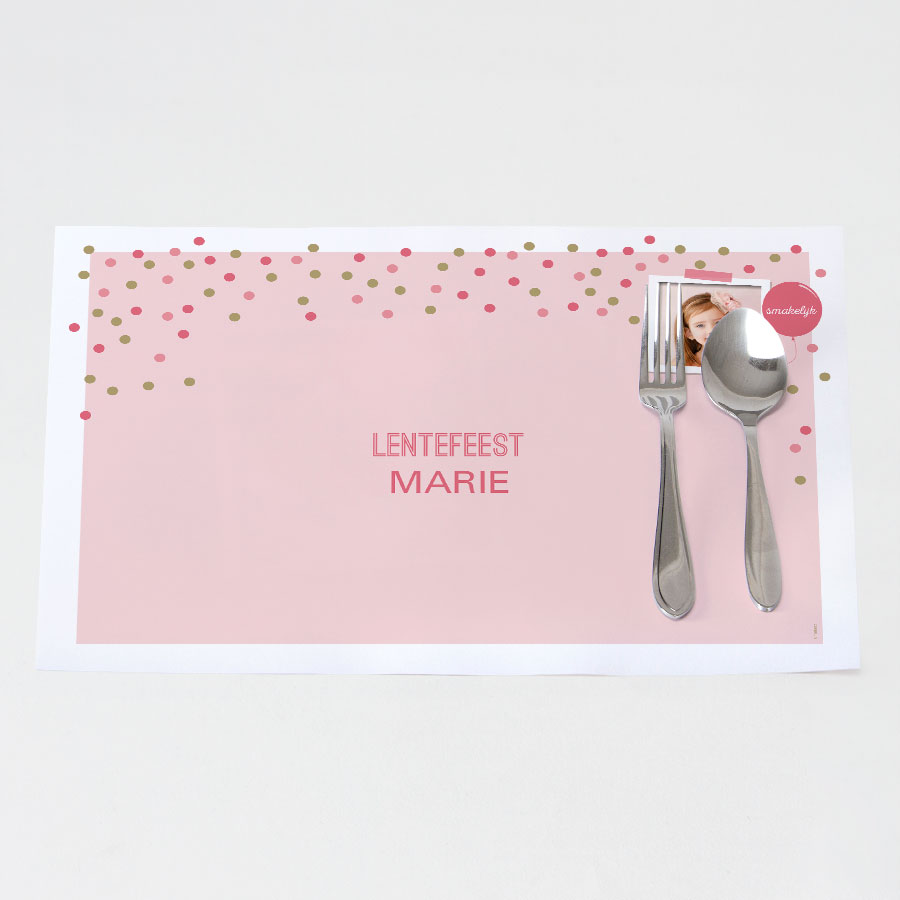 januari Puno roestvrij Roze placemat met confetti en fotokader - Communie | Tadaaz