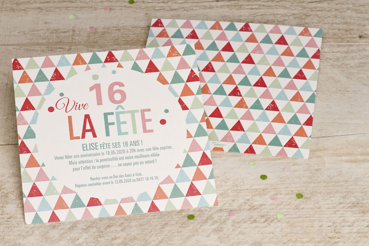 Carte D Invitation Anniversaire Ado Motifs Triangles Colores Fete Tadaaz