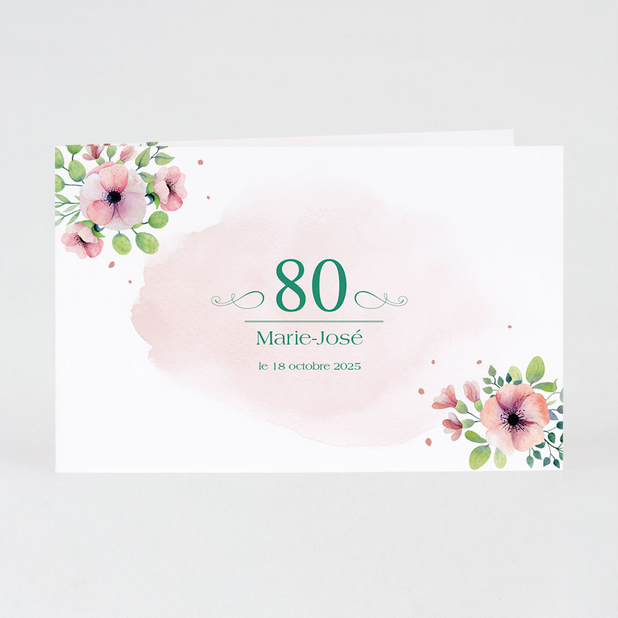 Carte d'invitation anniversaire 80 ans aquarelle rose et fleurs - Fête