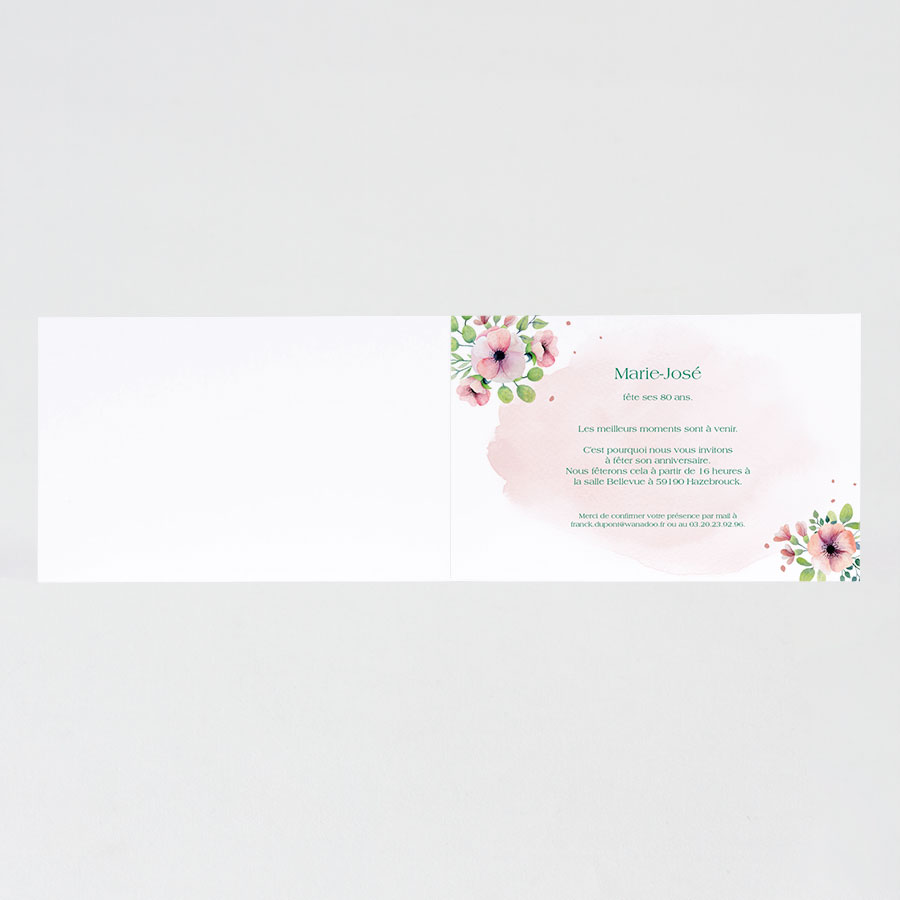 Carte D Invitation Anniversaire 80 Ans Aquarelle Rose Et Fleurs Fete Tadaaz