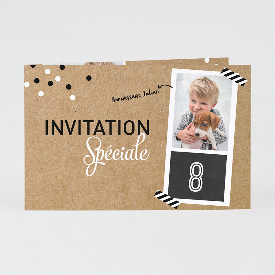 Carte d'invitation anniversaire enfant kraft et photo instantanée