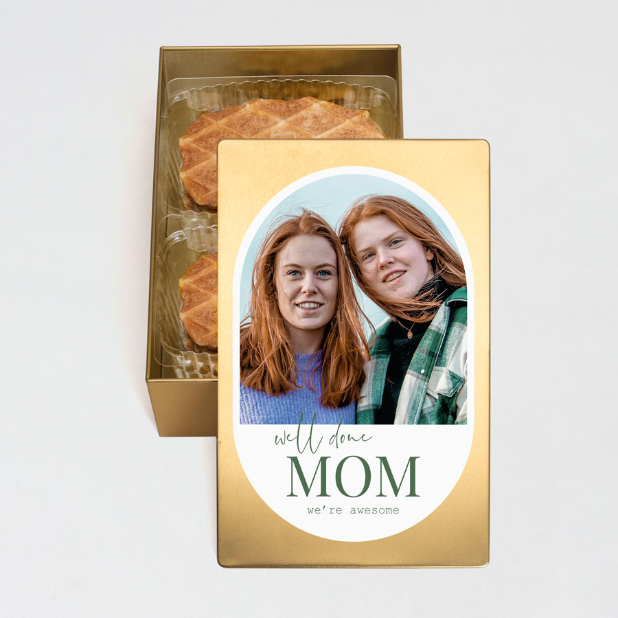 Gouden koekjesdoos met foto en tekst, gevuld met koekjes - Medium - Cadeaus