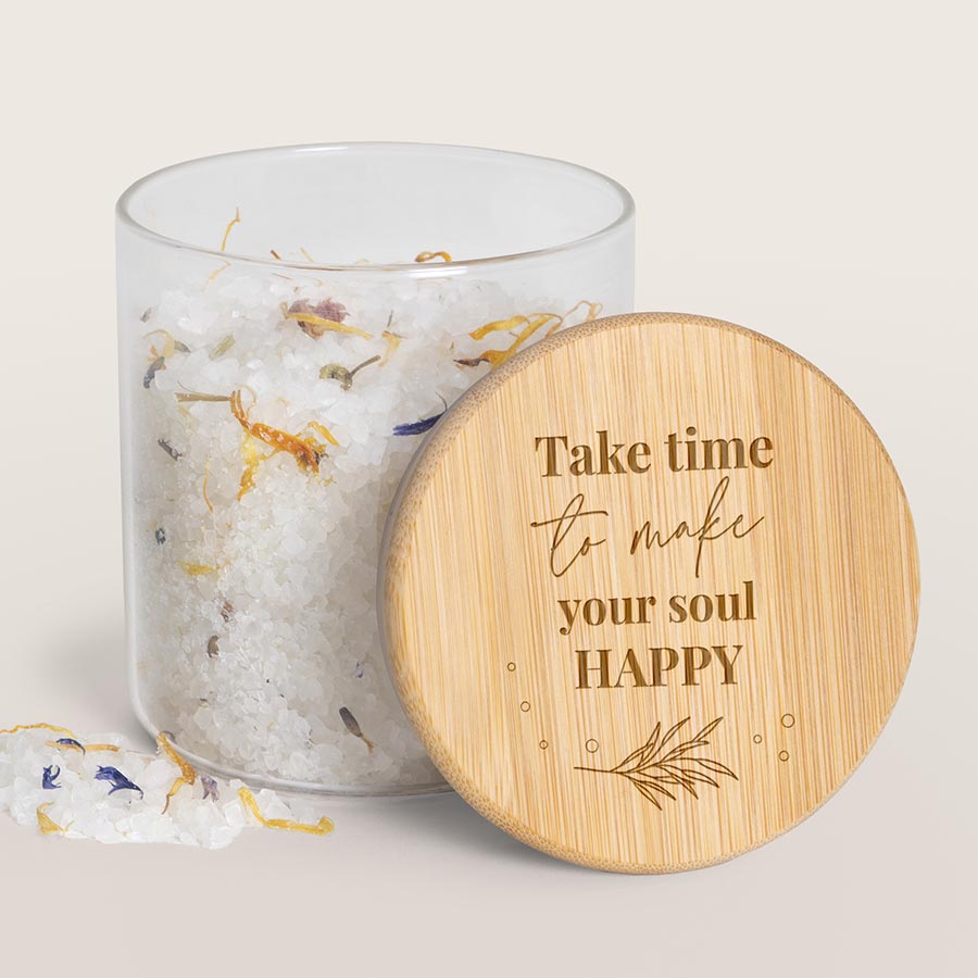 Personalisiertes Glas mit weißem Badesalz und Zitat Geschenke