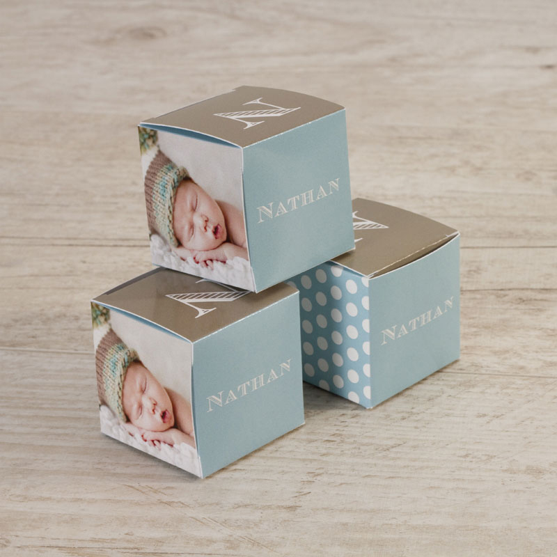 Cube photo en bois annonce de naissance bébé fille pois, 5 panneaux